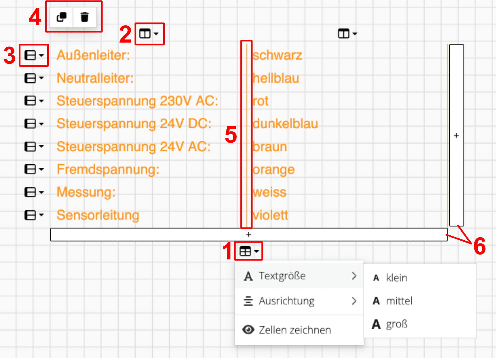 Editing options for tables, columns and rows in Free Drawing